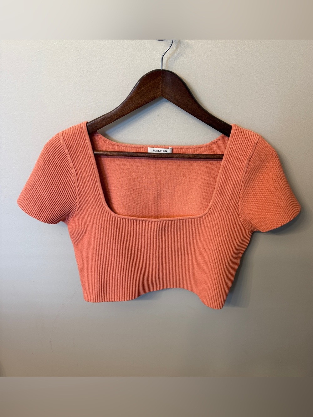 Babaton Coral Ribbed Square-Neck Crop Top - Peachy Coral